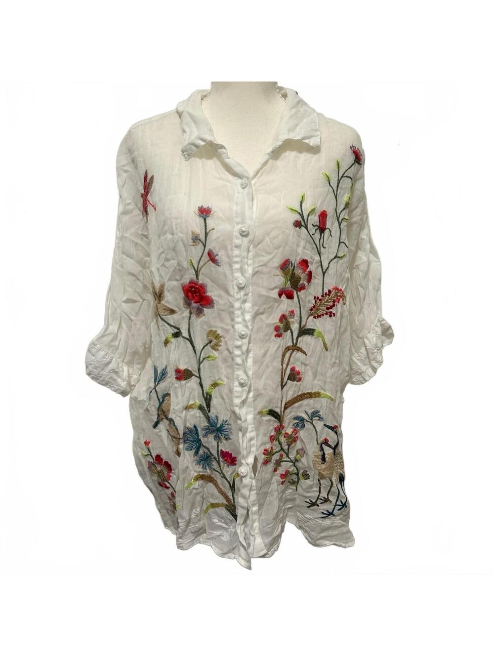 Johnny Was Workshop Long Sleeve Floral Embroidered Button-Up Blouse L White Boho